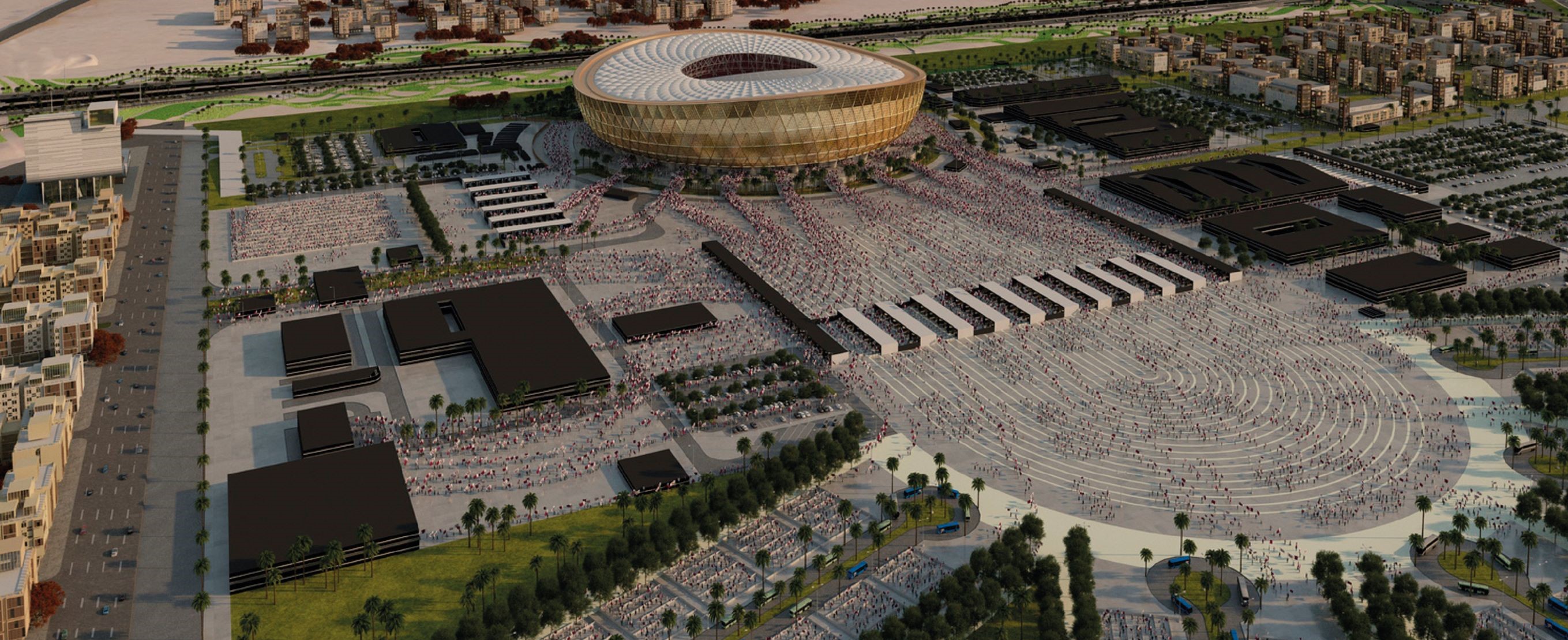 Lusail Stadium 場館外規劃有大面積的景觀廣場，在世足賽期間，廣場上也將搭建各式大小遮陽帳棚供球迷和工作人員使用。