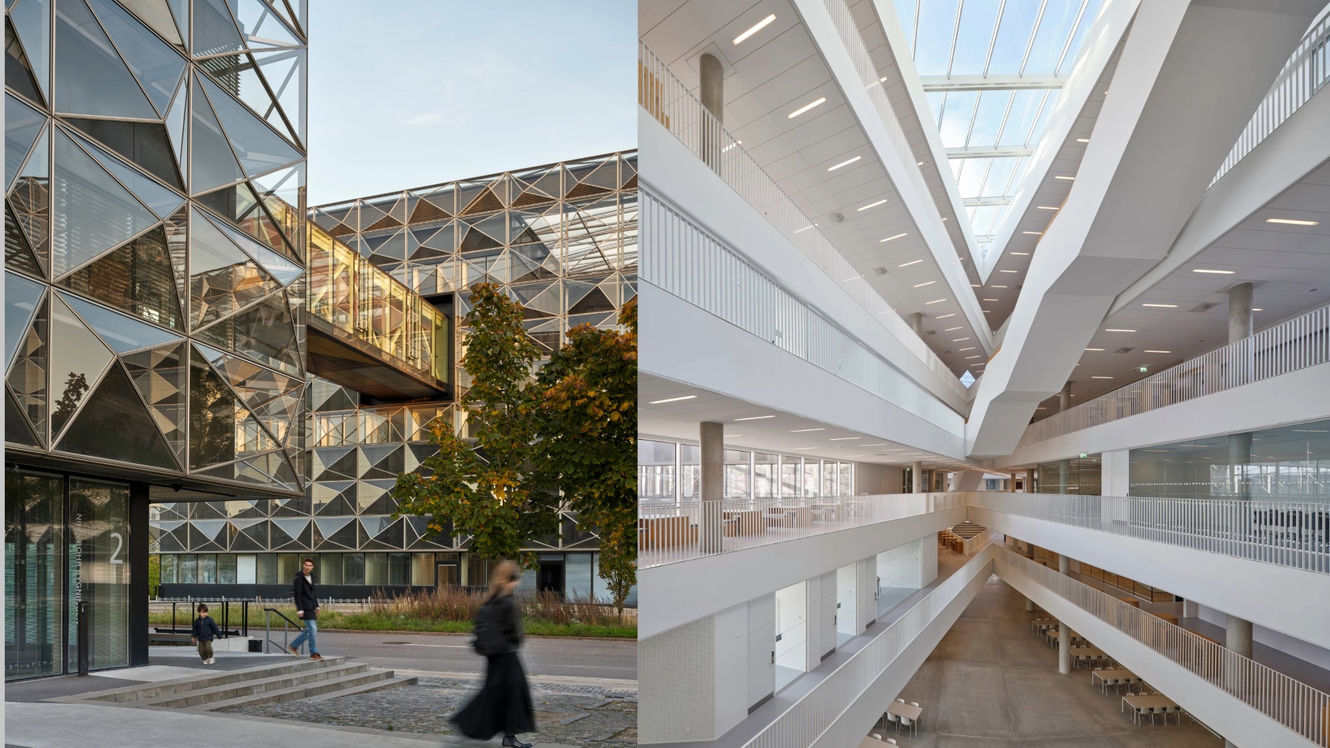 （左）棱柱形玻璃立面賦予建築動感鮮明個性。（右）形似無窮符號的開放式中庭，成為人們自然交會與相聚的場域。