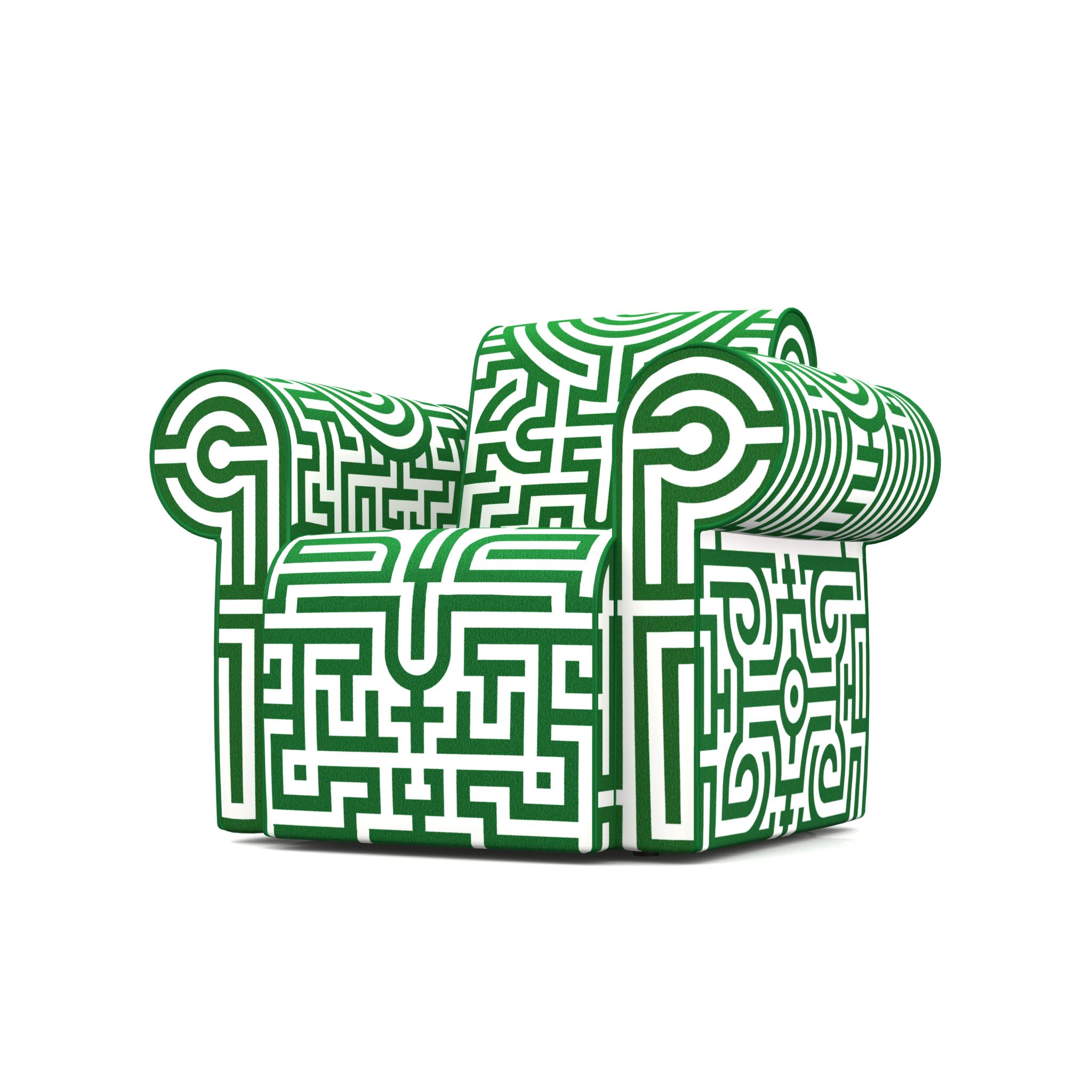 Labyrinth 單人沙發，簡約外型之上卻有著童趣的迷宮圖案。