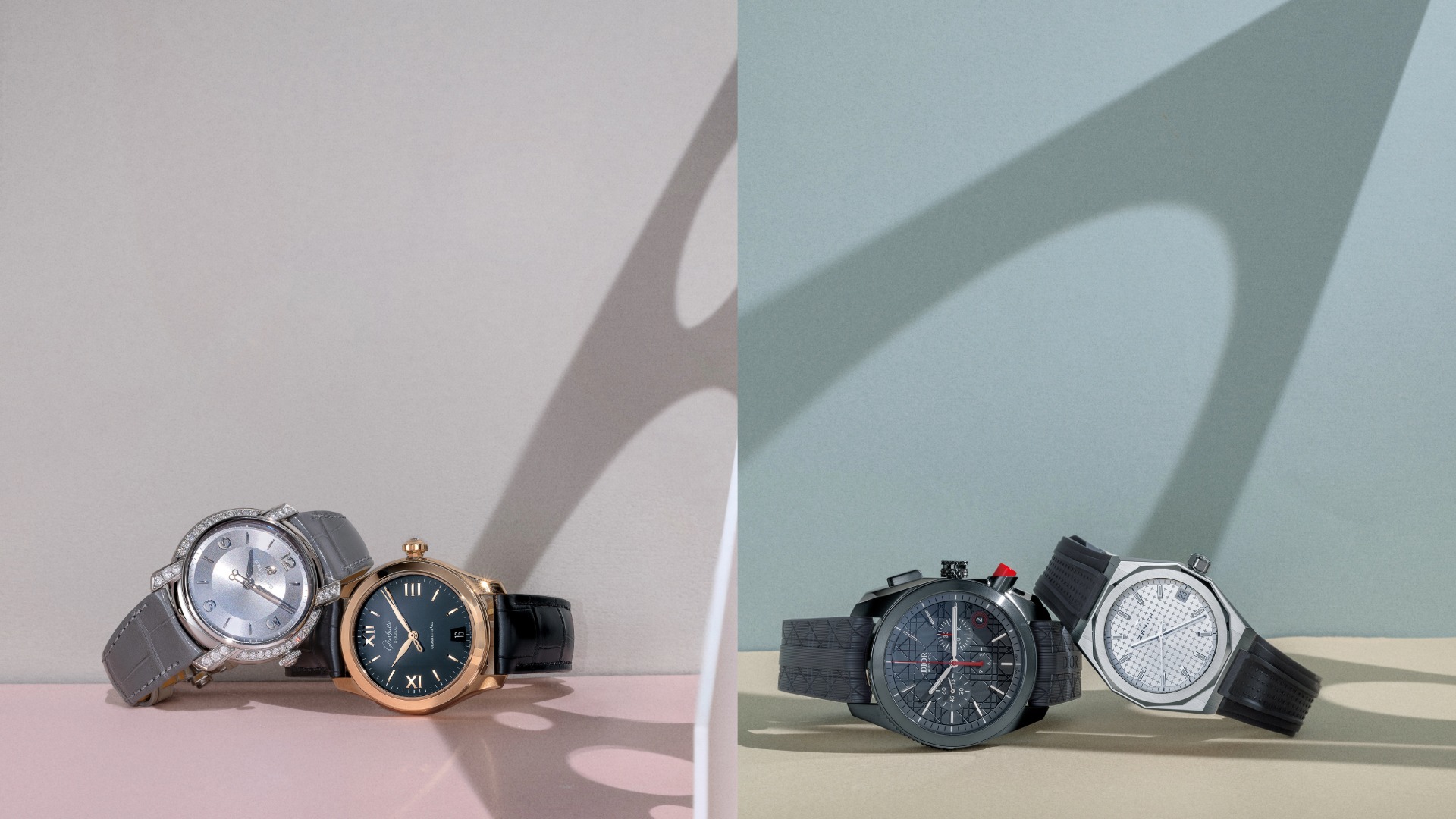 （左圖左） Breitling Lady Premier 32腕錶。（左圖右） Glashütte Original Lady Serenade 小夜曲腕錶。（右圖左） Dior Chiffre Rouge 灰色籐格紋面盤計時碼錶。（右圖右） ZENITH DEFY Skyline 天際線 36毫米腕錶。