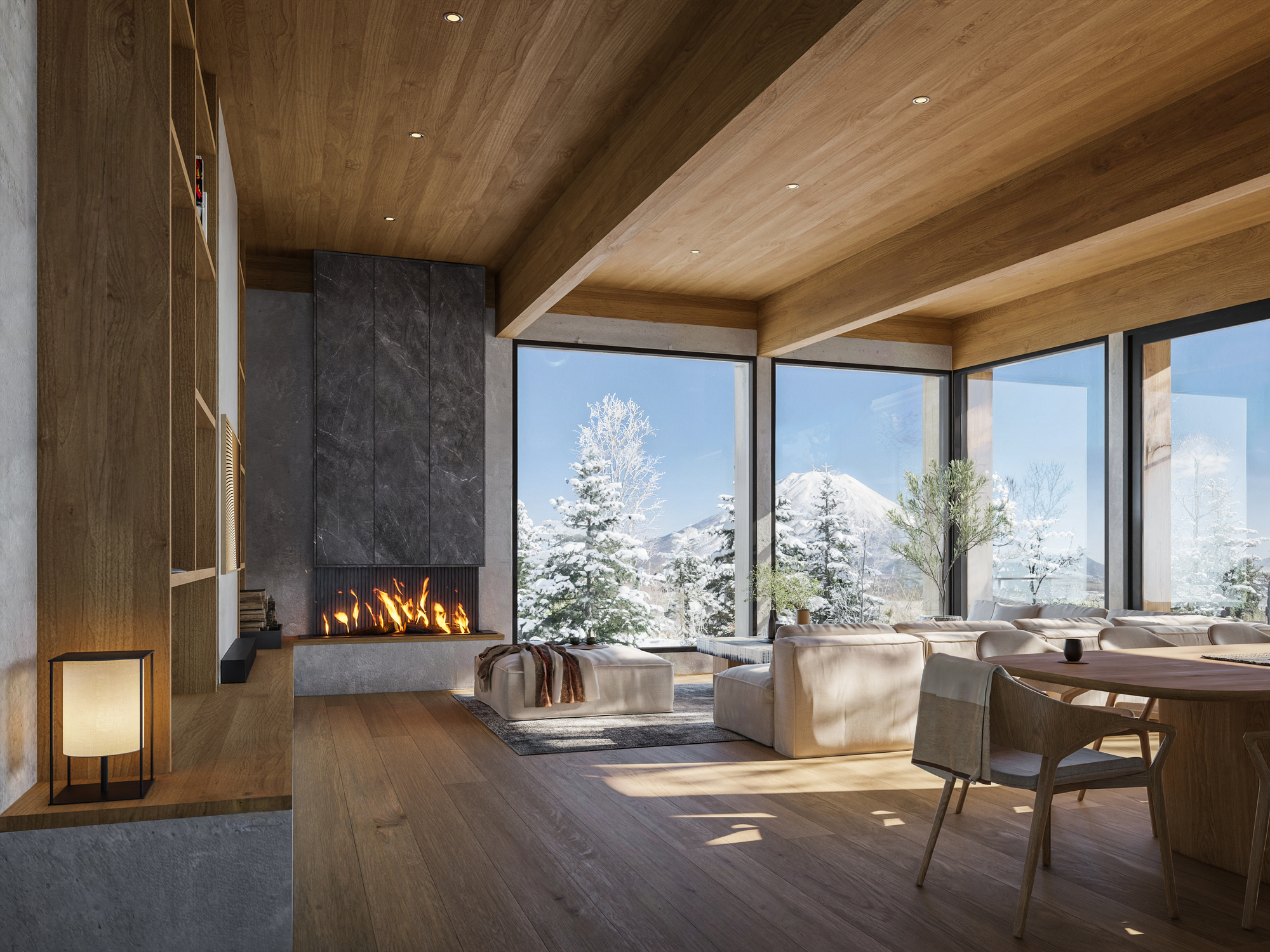 Odin Hills 最新的 J 系列別墅，設計有大面積觀景窗，讓客廳直接坐擁羊蹄山風光。