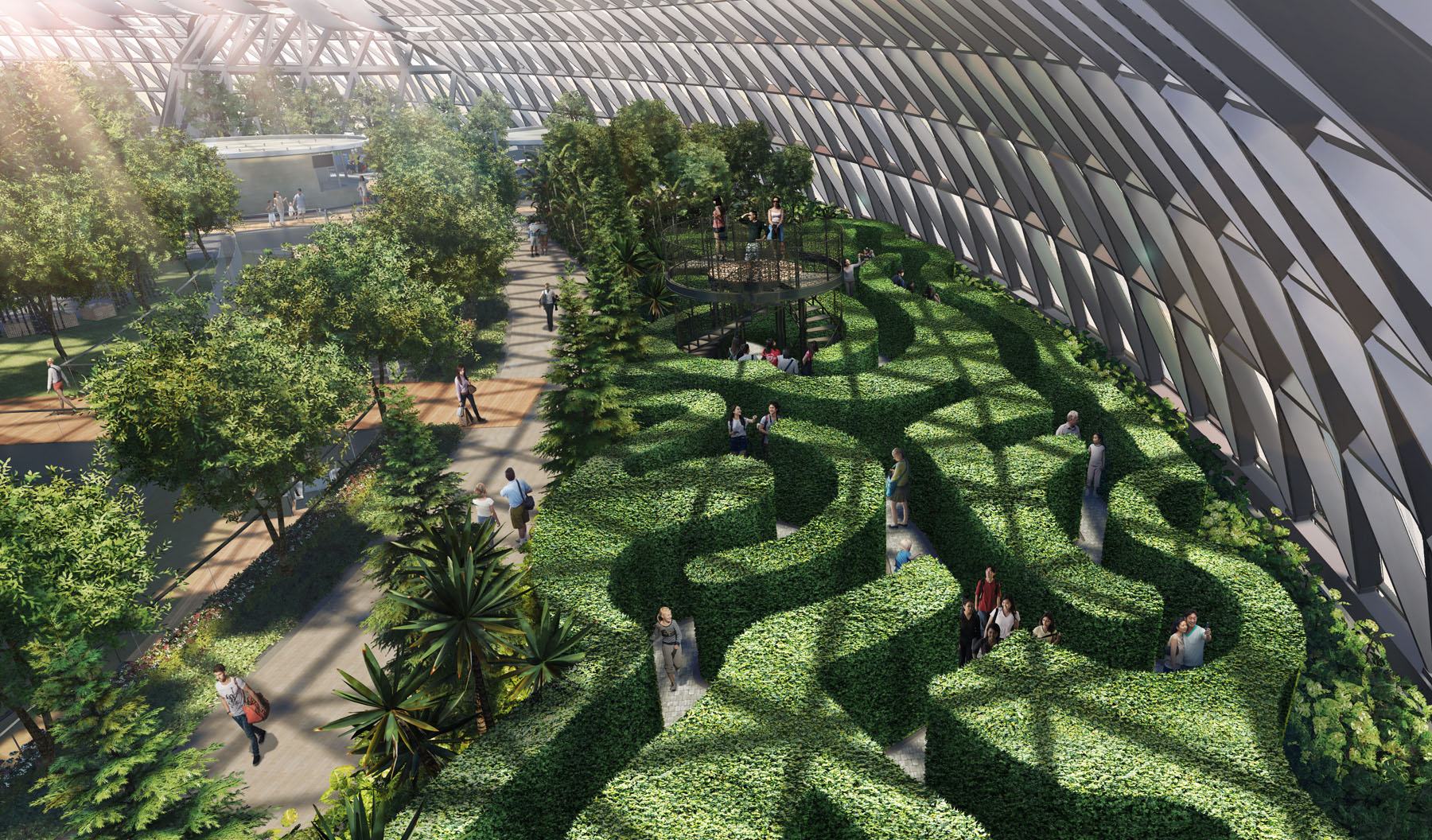 Jewel Changi Airport 以樹籬和鏡子打造出的迷宮世界（Canopy Mazes）。