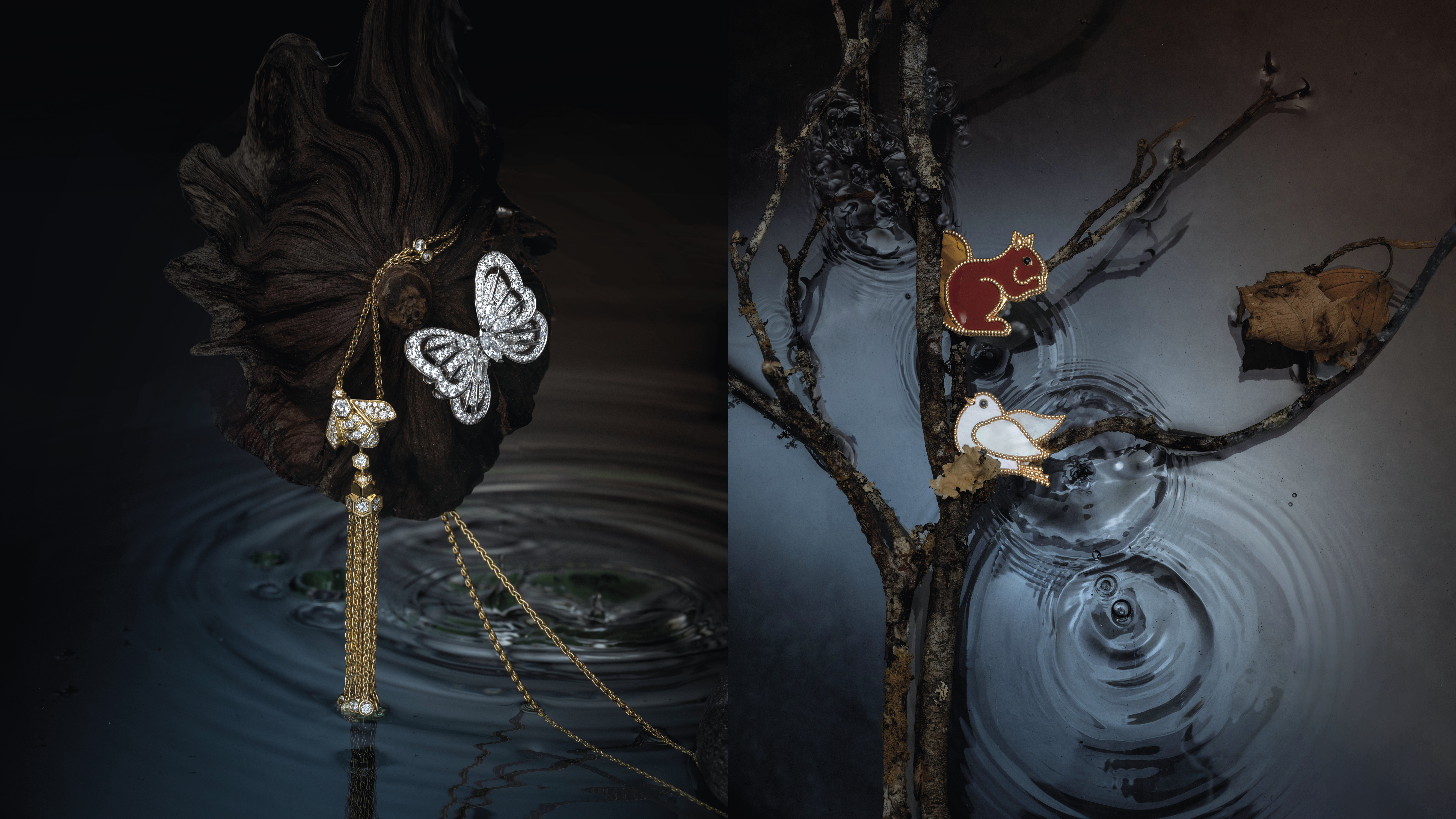 （左）De Beers Portraits of Nature Butterfly 高級珠寶鑽石髮飾；Chaumet Bee de Chaumet 18K 黃金鑽石項鍊。（右）Van Cleef & Arpels Lucky Animals Squirrel 胸針、紅玉髓、縞瑪瑙、虎眼石；Lucky Animals Dove 胸針，珍珠母貝、縞瑪瑙。